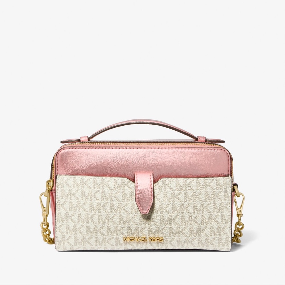 Michael Kors Jet Set Medium Signature Logo and Patent Double-Zip Crossbody Bag